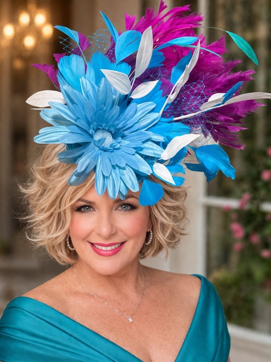 Blue & Fuchsia Feather Flower Headpiece Fascinator
